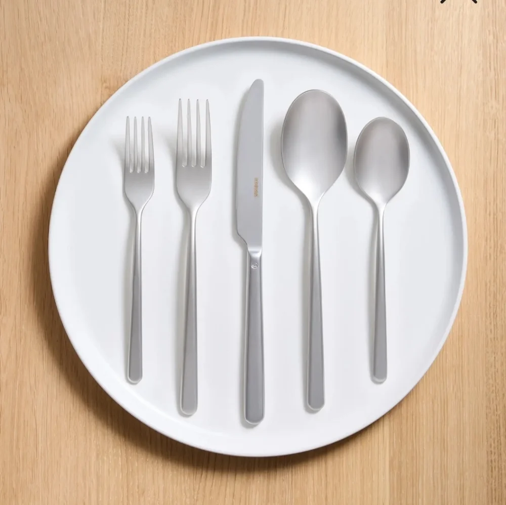 NEW! Quince- Sambonet Gia Minimalist 20 Piece Brushed Steel Flatware Set! (B6)